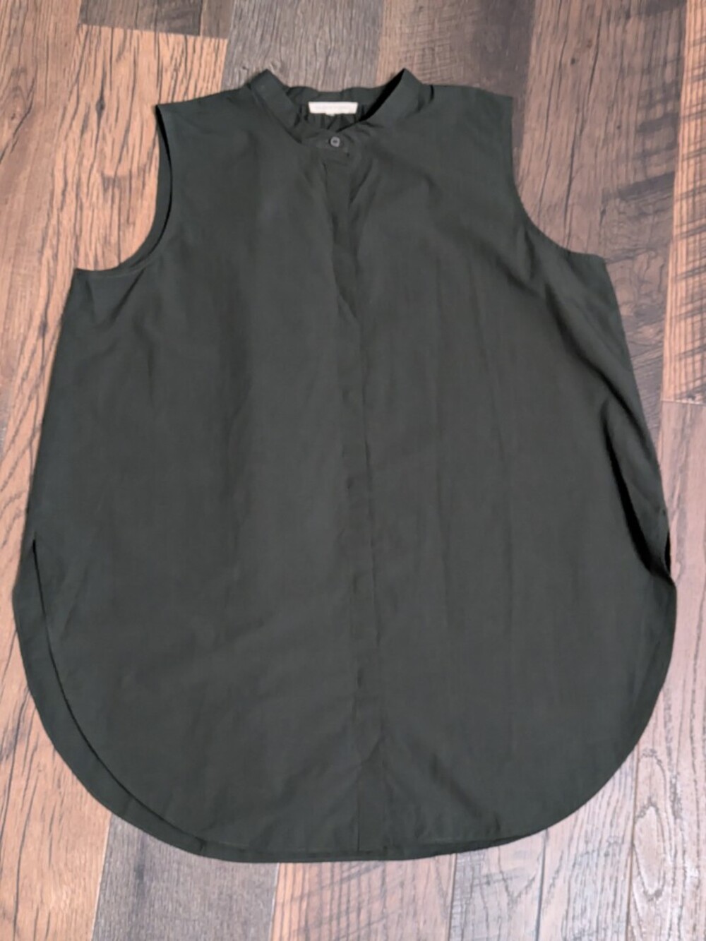 Eileen Fisher Shirt Womens XL Olive Green Organic Cotton Sleeveless Band Collar
